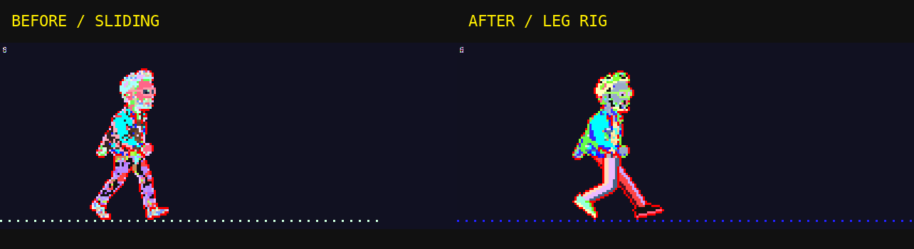 Original before and after walk captures, showing the changed leg poses.