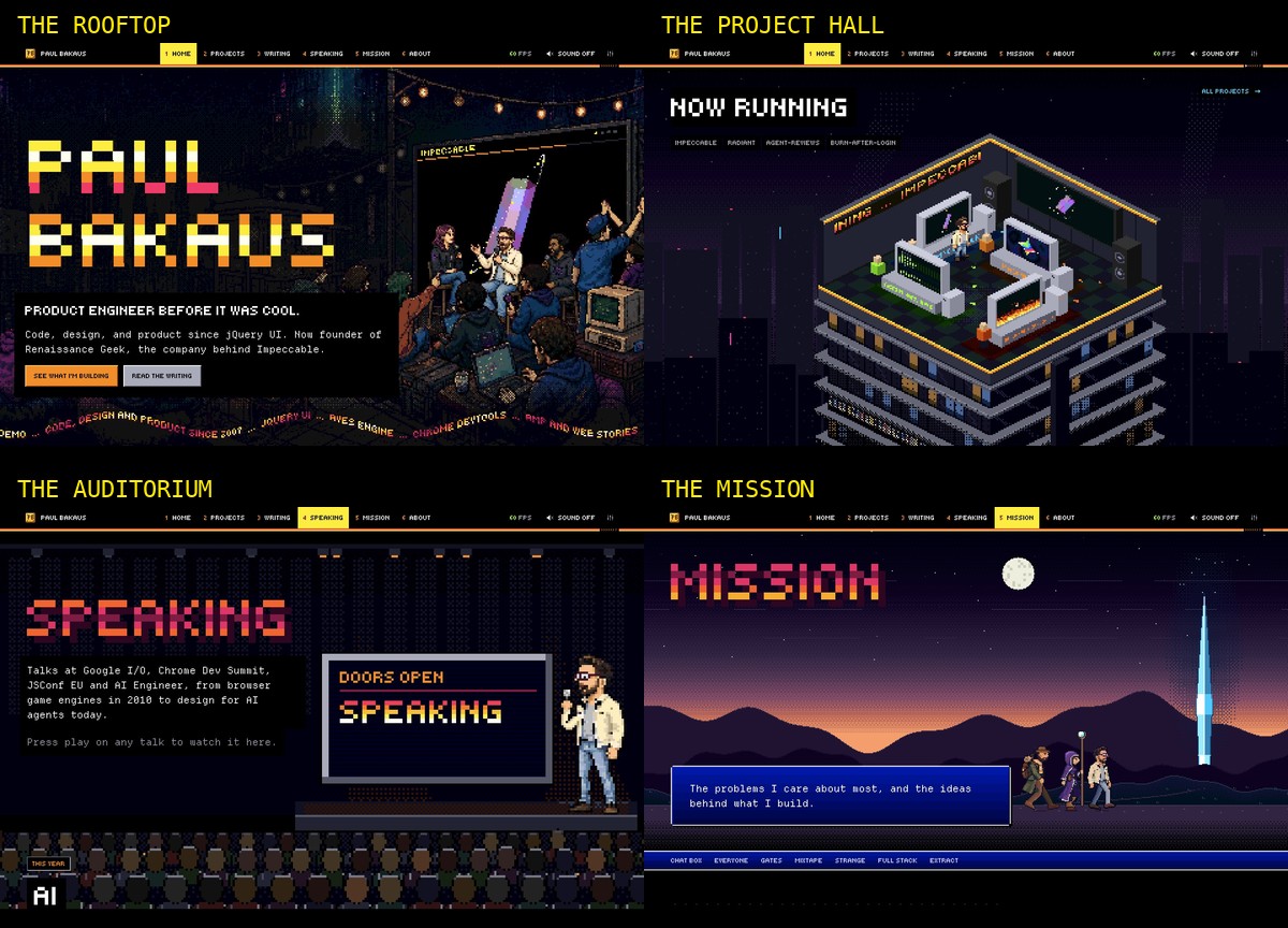 Four parts of the website: rooftop panel, project hall, speaking auditorium, and mission landscape.